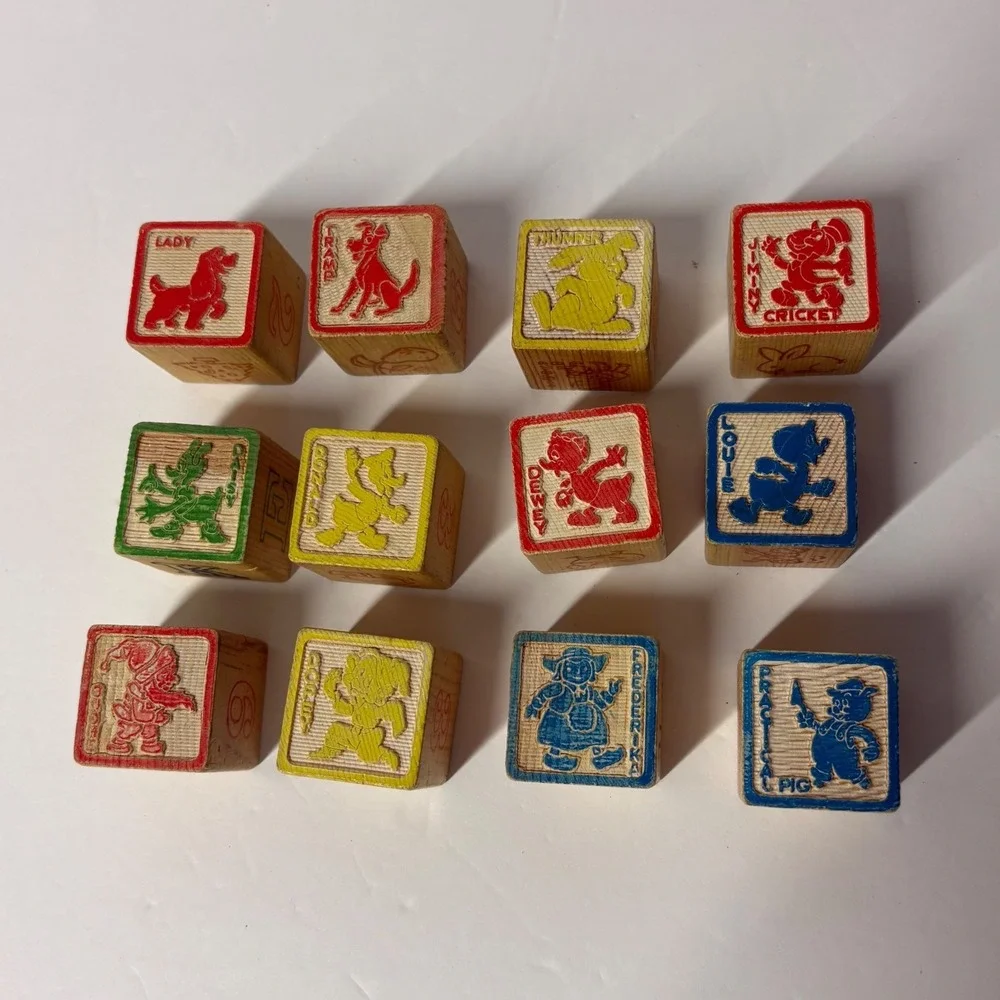 Vintage Disney Wooden Alphabet Blocks 12pc Characters Numbers Letters Decor